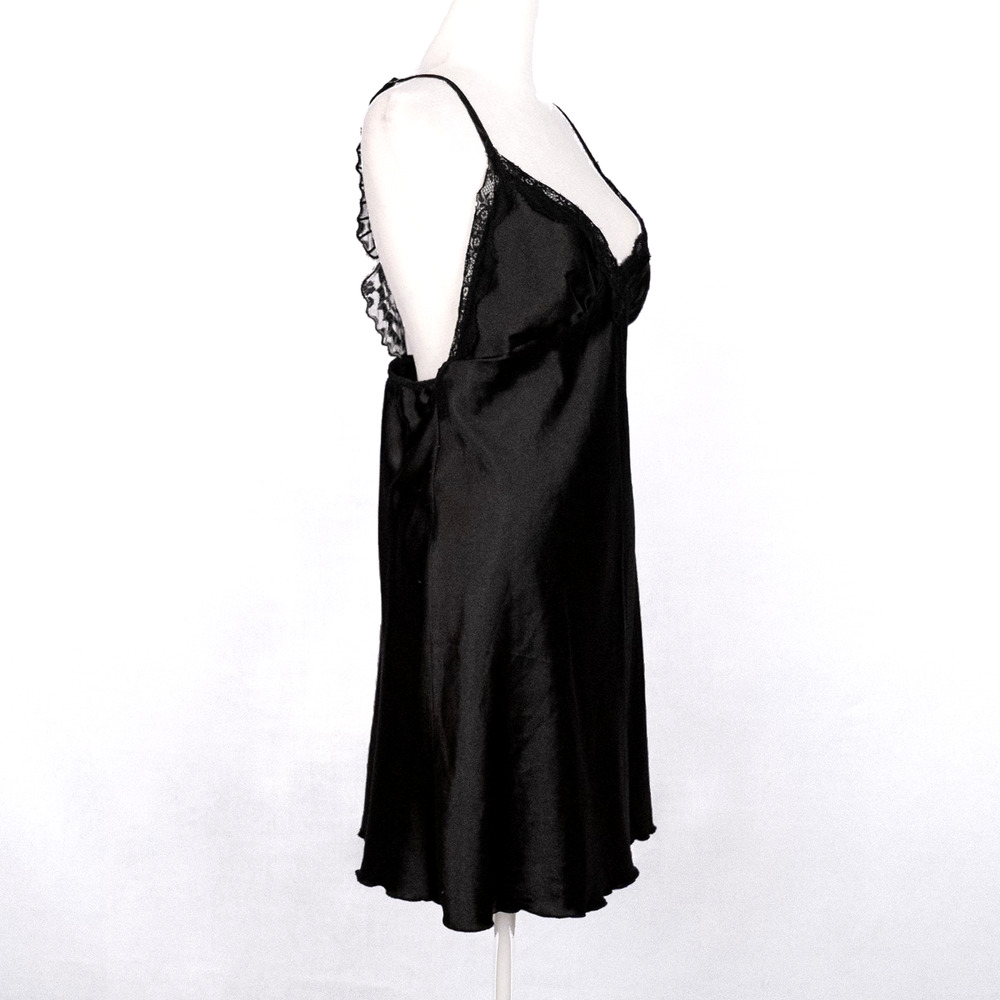 Black Satin Slip Dress Sheer Butterfly Lace LARGE Fairycore Whimsigoth Romantic - Picture 3 of 6